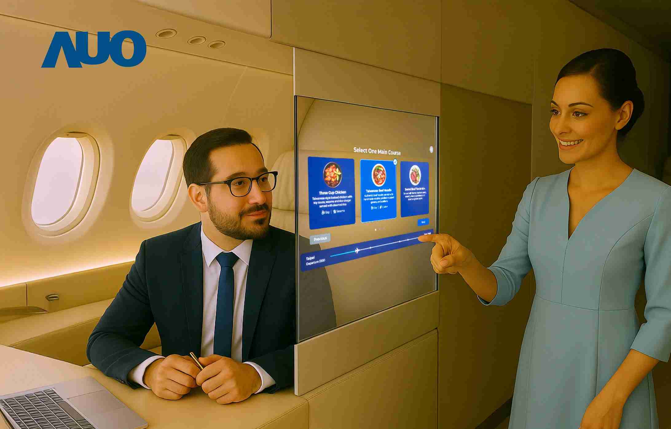 菠菜论坛研发全球最薄17.3 吋双面透明 Micro LED 显示器，，，，可在同一屏幕之双边投射不同信息，，，创造独特的”透明化”互动；图为实时翻译交流应用情境